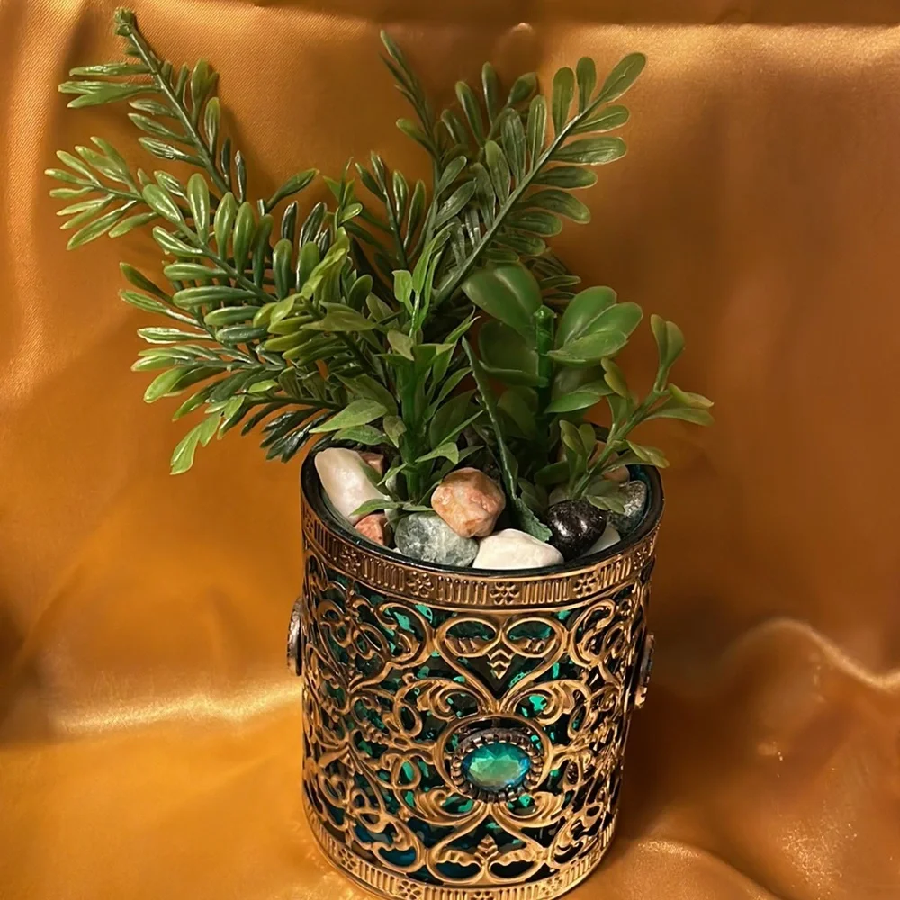 The Bombay Company metal over pair of teal glass w/teal jewels & fake greenery